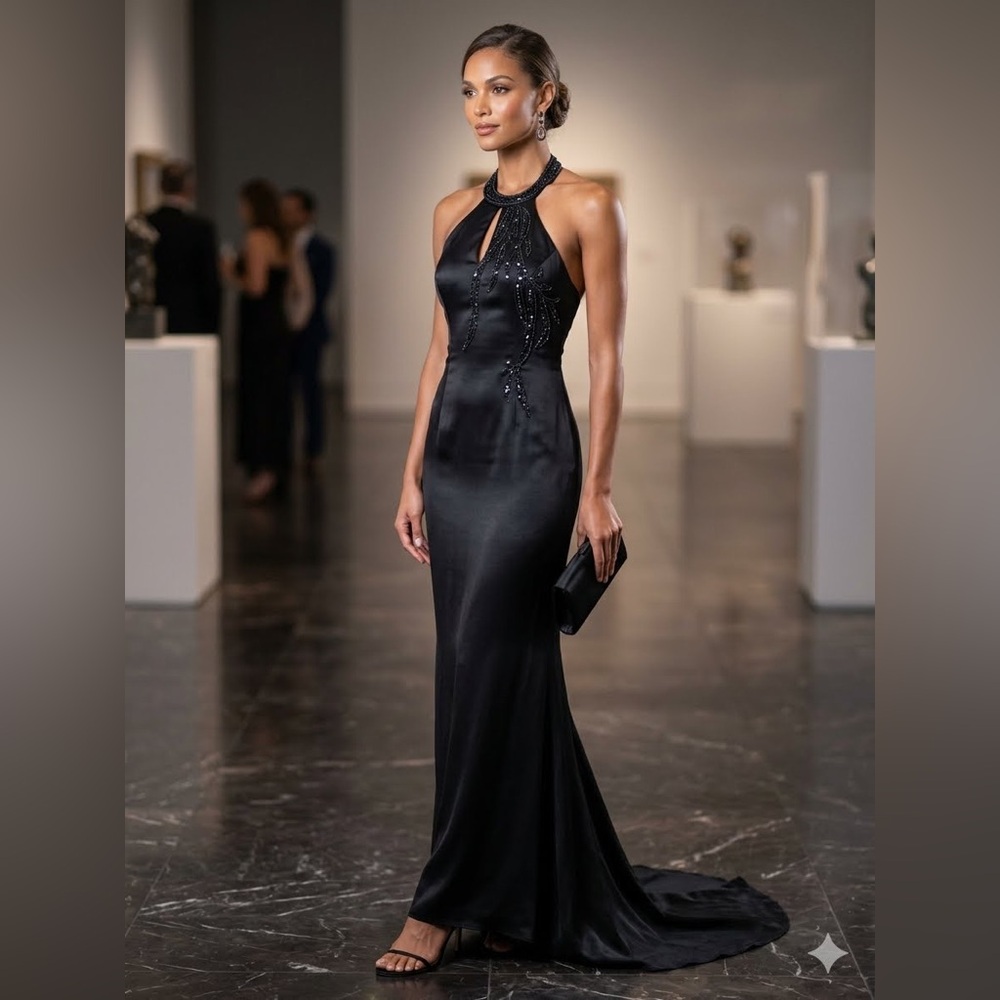 Masquerade Black full beaded back train halter neck formal dress black‎ tie Sz S